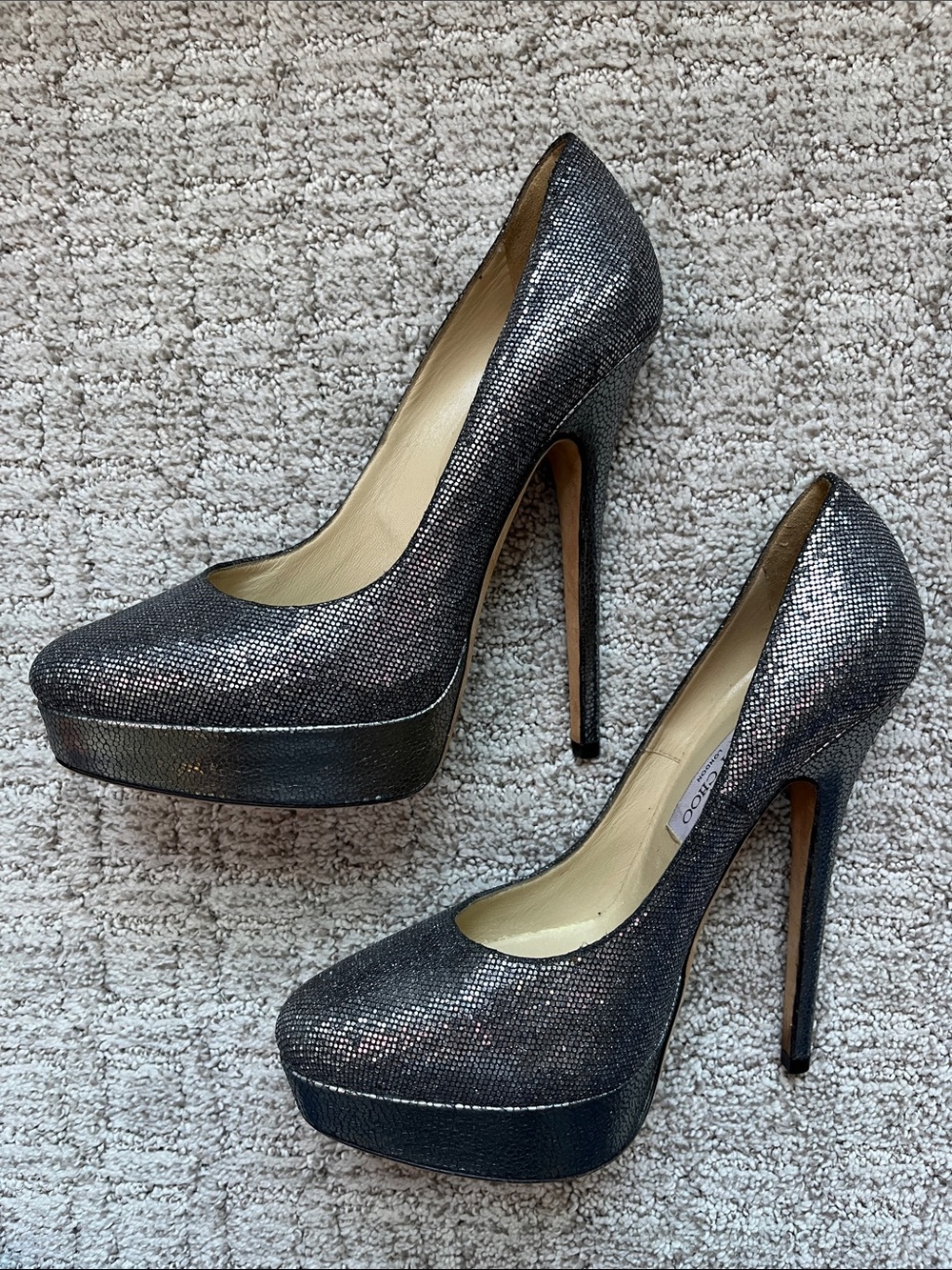 Jimmy Choo Gunmetal Sparkle Platform Stilettos